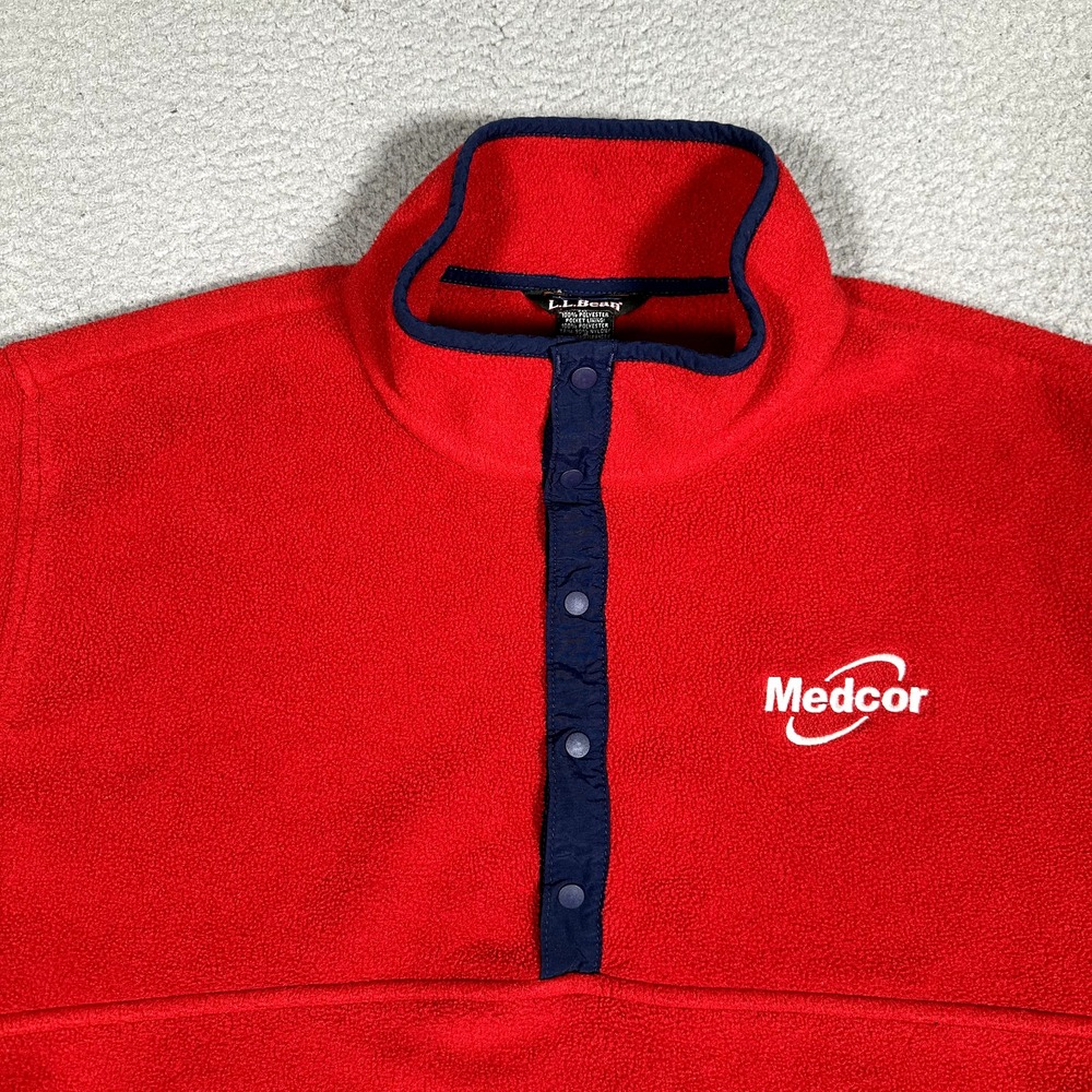 LL Bean Sweater Mens Large Red Fleece Snap Tee Casual Preppy Logo Warm Polyester - Picture 1 of 12
